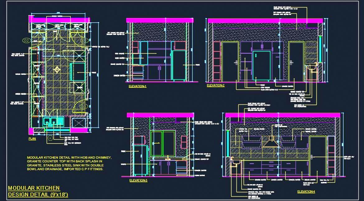 Detailed Kitchen Layout DWG- Granite Counter, Sink, and Storage